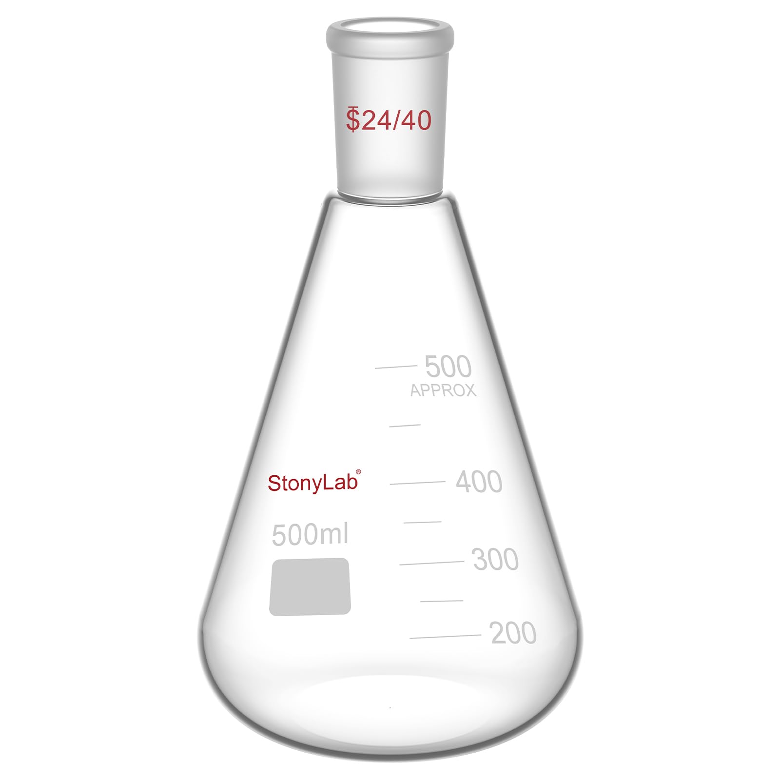 StonyLab Glass 24/40 Erlenmeyer Flask, Borosilicate Glass Heavy Wall Flask with 24/40 Standard Taper Outer Joint, 500ml