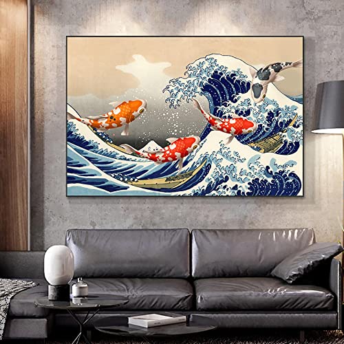 Affiche poisson vintage vague toile moderne de 60x80 cm sans cadre pour salon