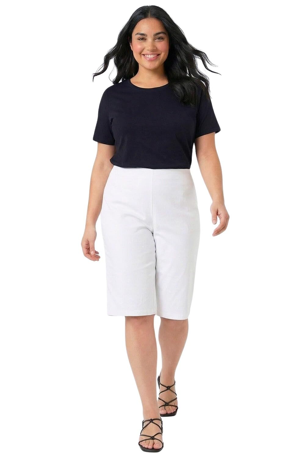 Roman Curve Knee Length Elastic Waist & Shorts, White, Size 26-28, Women