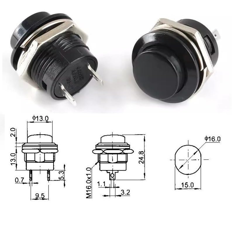 Interrupteur Bouton-poussoir Métal 16mm - 3A/250V AC - Momentané NO - IP65 - Pour Voiture, Industrie - Coque Noire