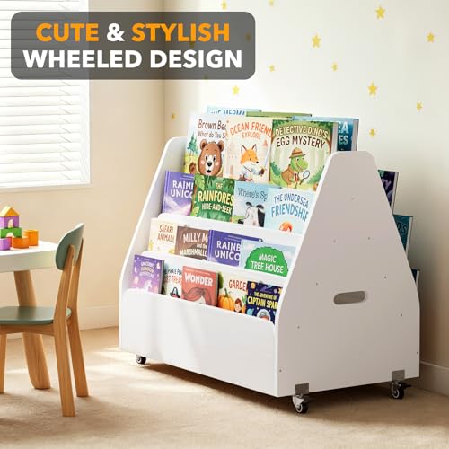 SpaceAid Double-Sided Mobile Bookshelf, Montessori Bookcase for Toddlers, Wooden Book Storage Organizer Shelf Furniture for Kids Rooms, Playroom, Nursery and Classroom, 29.5“ Wide 4-Tier, White by SpaceAid - Used condition - Image 3