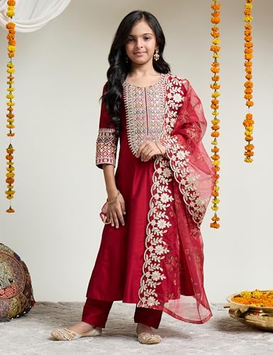 Image of Amazon Brand - Symbol Girl's Rayon Ethnic Wear Embroidered Kurta Set with Net Dupatta