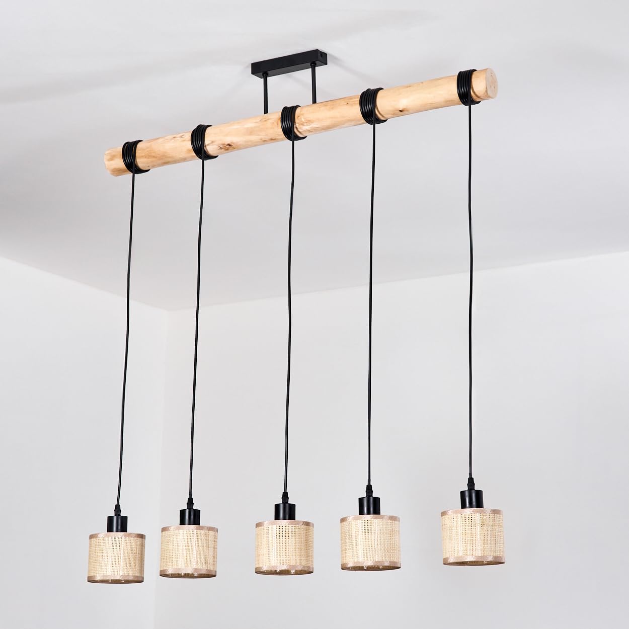HOFSTEIN Lampa wisząca Sabadim, 5-punktowa lampa wisząca z metalu/drewna/plecionki papierowej w kolorze czarnym/naturalnym/brązowym, lampa wisząca w stylu boho (Ø abażurów 12 cm), wysokość 235 cm, E27