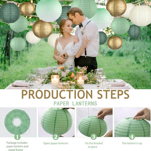 Image of 15-Pack Sage Green Gold Paper Lanterns, Hanging Classroom Decor | 6,8,10 Inch Hanging Lanterns for Weddings, Bridal Showers, Graduations, Anniversaries & Baby Showers