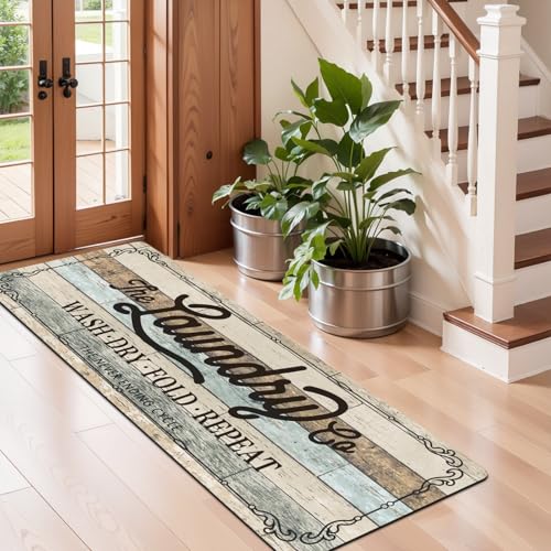 Image of Pauwer Laundry Room Rug Runner 20 inchx60 inch, Non Slip Waterproof Mat, Teal Beige