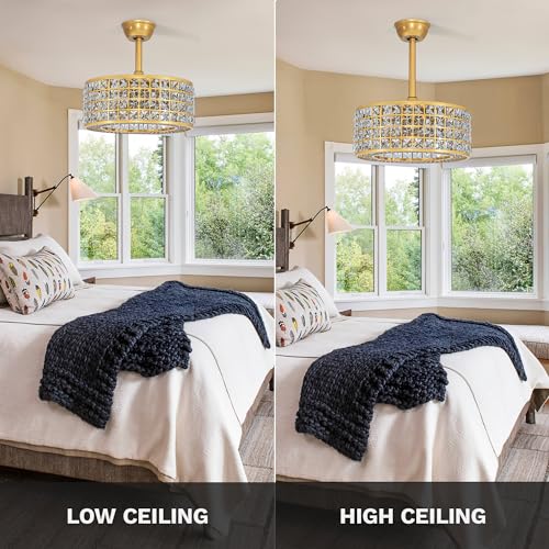 DWVO 18" Crystal Caged Ceiling Fans with Lights Enclosed Modern Ceiling Fan with Remote Control Reversible Industrial Fandelier Chandelier 3 Speeds,3 Color Temperatures for Bedroom, Indoor (Gold)