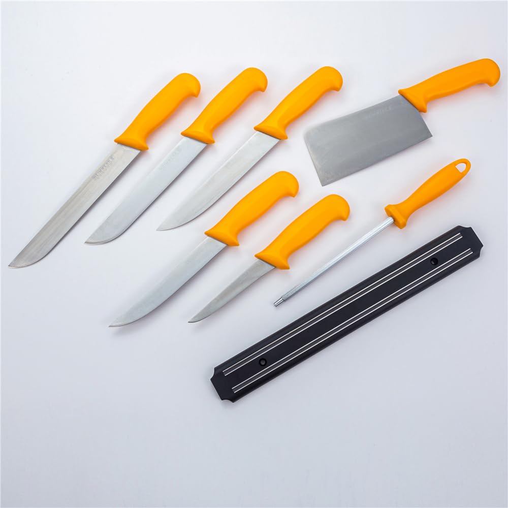 HOOZ Fleischmesser Set 8-teilig mit Hackebeil & Wetzstahl | Profi Küchenmesser aus Edelstahl mit Ergo-Grip Griffen | Fleischmesser Set für präzises Schneiden von Fleisch, Fisch & Geflügel