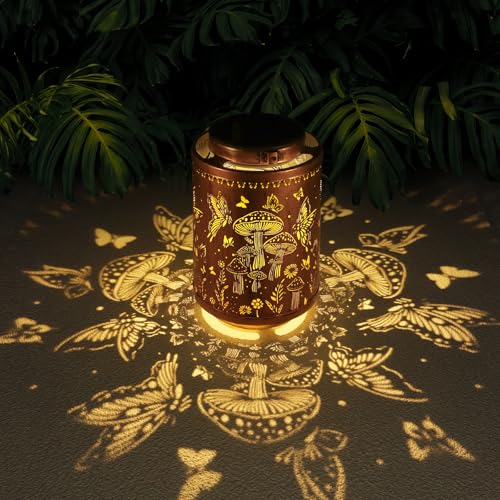 Image of Solar Lanterns Outdoor Waterproof Mushroom Butterfly Garden Decor Gifts for Women Mon Grandma Metal Hanging Solar Lights Decoration for Outside LED Lanterns for Yard Patio Lawn