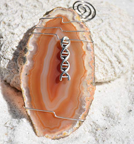 Agate Slice Ornament with Silver DNA Strand Charm Great for Biologists or Labratory Technicians - Choose Your Agate Slice Color Aqua, Pink, Purple, Blue, Natural - Made to Order
