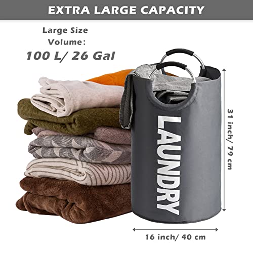 100L Large Laundry Hampers With Handles, Collapsible Tall Clothes Baskets, Washing Bag For Bathroom, Bedrooms, College Dorm (Grey) #TOP2