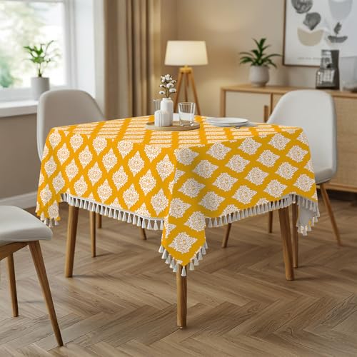 Image of Urban Space 100% Cotton Square Dining Table Cover, Printed Anti Skid Table Cloth for Dining /Center Table, for Upto 4.5 ft x 4.5 ft Table (Square - 48 inch x 48 inch, Motif Mustard)