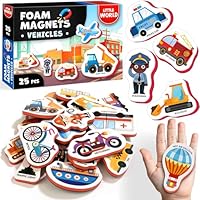 Little World 25 Fridge Magnets for Kids 1-3 years – Safe, Durable, Waterproof, Foam Toddler Fridge Magnets with Colorful Gift Box, Non-Toxic Vehicles and Professions Magnets for Children and Babies