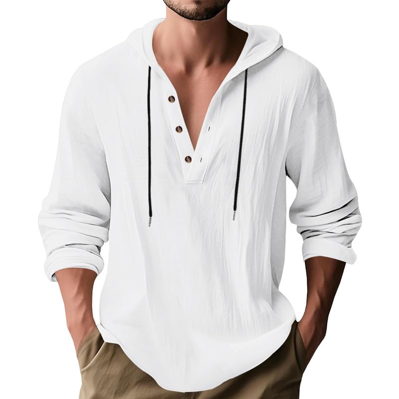 LIZALIG Mens Cotton-Linen Sweatshirt 1 2 Button Hooded Solid Color Casual Sweatshirts for Vacation and Daily Wear