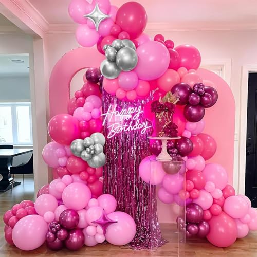 Image of Pink Silver Balloon Arch Kit, Hot Pink Balloons for Princess Birthday Party | Pastel pink, magenta and metallic silver balloons with four star foil accents for wedding, engagement and princess decor