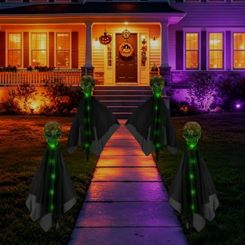 4 Pack Halloween Decorations Outdoor Solar Garden Lights, Solar Creepy Skull Path Lights, IP65 Waterproof 8 Modes Green Halloween Solar Lights Outdoor for Yard, Grave, House, Halloween Party - image 1