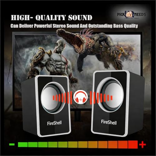 Image of Fireshell USB Powered Computer Speakers 6W Stereo Sound with Multicolor LED Lights, AUX Input & Volume Control Pod for PC, Laptop & Desktop (Black)