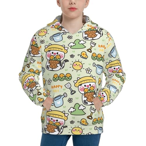 Cute Cow in Farm Concept Kids Pullover Hoodies Boys Sweatshirts Girls Athletic Clothes with Pocket