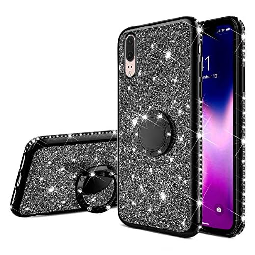JCKHM Fodral kompatibel med Huawei P20 pro silikonskal, blink galvaniserat glitterblad TPU skydd glänsande glitter TPU silikon skyddande skydd mjukt fallskydd stötsäkert, svart, envägs paket