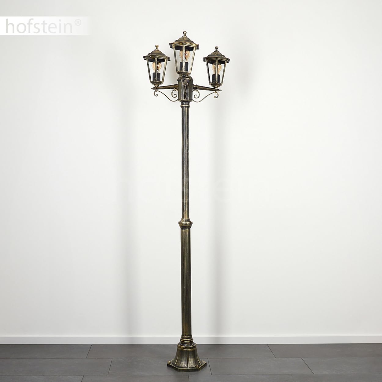 Lampa zewnętrzna Loria, oświetlenie ścieżki z metalu/szkła w kolorze złotym/brązowym/przezroczystym, kandelabr 3-punktowy antyczny wygląd, wysokość maks. 200 cm, oświetlenie ogrodowe IP44, 3 x E27,