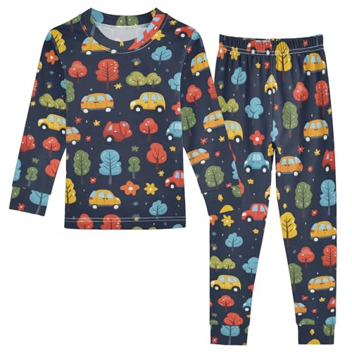 Pajama Sets Long Sleeve Cars Trees Flowers Background Soft Comfy Sleepwear 2 Piece PJS 3-8T