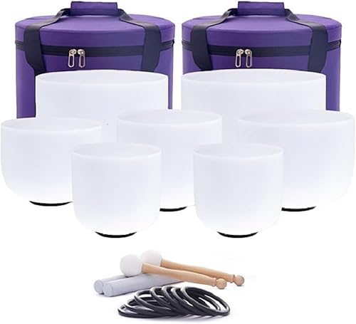Hye-eun Juego de 7 cuencos de cristal de cuarzo esmerilado de 7 a 12 pulgadas con 2 fundas de transporte para yoga y sanación sonora
