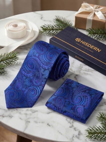 Image of HISDERN Extra Long Ties for Men Classic Floral Tie and Pocket Square Elegant Silk Necktie Handkerchief Set Wedding Party