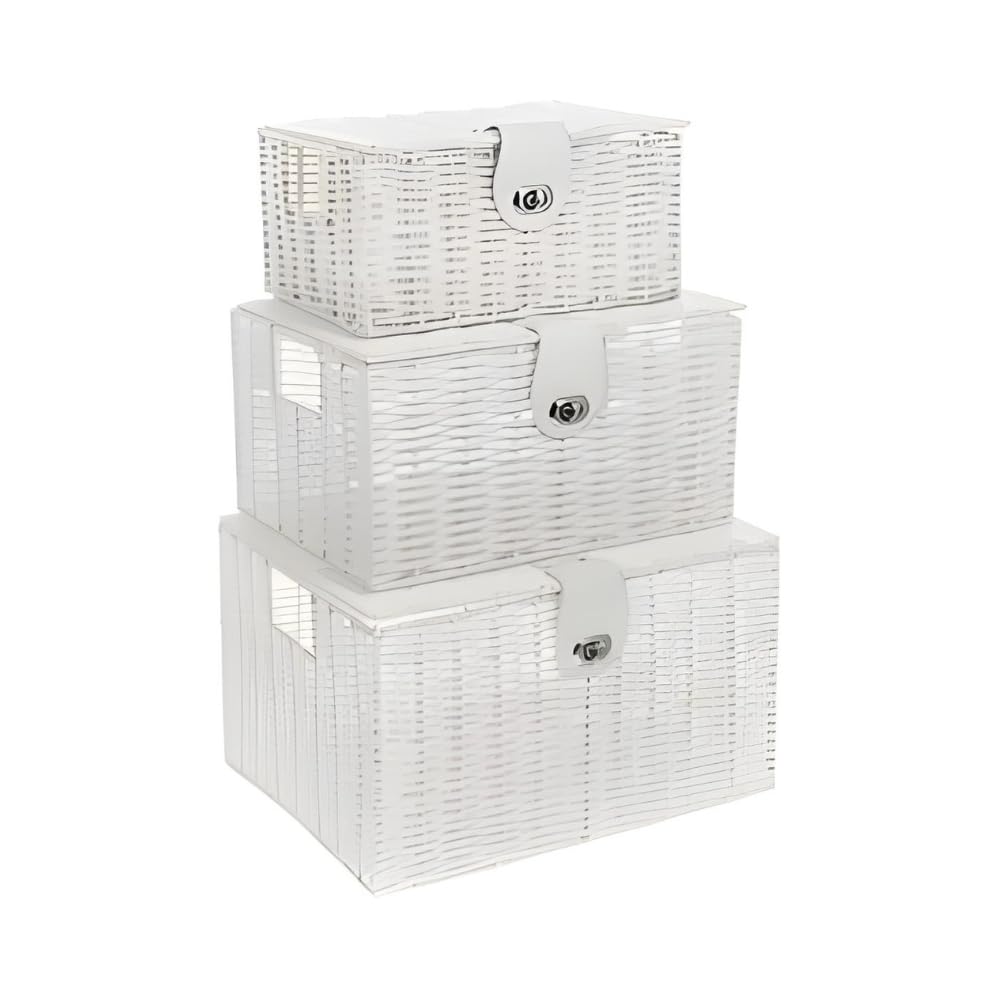 FROOBY Set of 3 Resin Woven Storage Baskets with Lids & Locks – Durable Wicker Basket with Handles, Resin Hamper Boxes for Organising Shelves, Toys, Clothes, Home & Office Storage