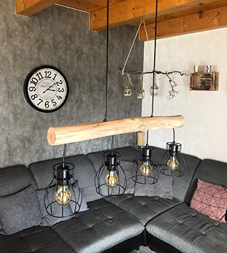 Hofstein Holz Pendelleuchte Vintage – Hängelampe Mit 4–6 E27 Fassungen, Rechteckig, Braun, Für Wohnzimmer, Küche, Esszimmer