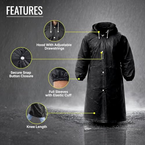 Image of EVA Reusable Raincoat with Hood (Black) - Pack of 1 | Elasticated Full Sleeves Outdoor Waterproof Raincoat for Men & Women | Rainwear | Button Closure | Knee Length | Universal Fit