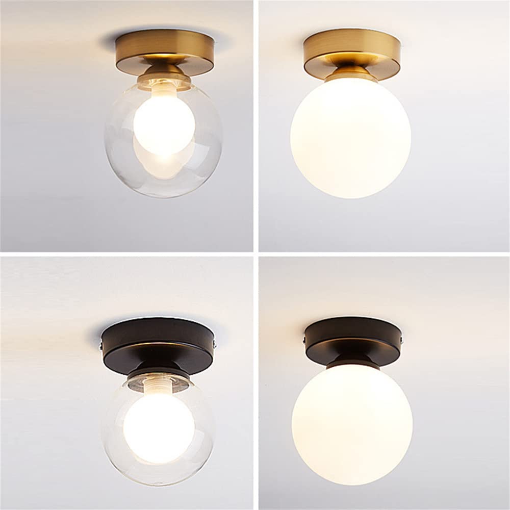 Nowoczesna okrągła lampa sufitowa LED ze szklanym kloszem do sypialni, hotelu, korytarza, balkonu, 110V-120V, czarna podstawa, mleczno-biały klosz.