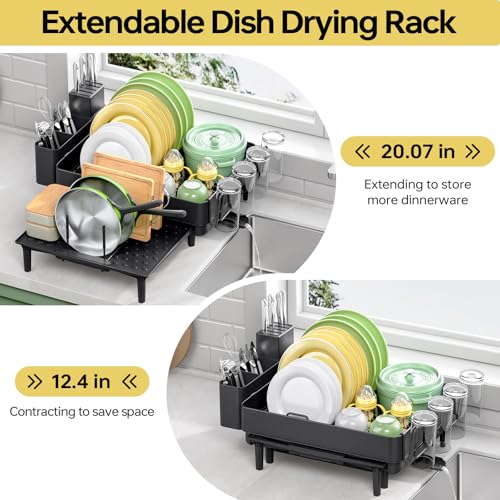 Image of Urackify Dish Drying Rack for Kitchen Counter, 304 Stainless Steel Dish Rack, Expandable Dish Drainer, Foldable Dish Strainer with Cutlery Holder, Kitchen Plate Rack (Black, Large Size)