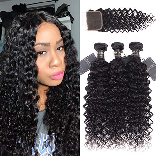 Rismale Brazilian Water Wave human Hair with Lace Closure (121416+10) Brazilian Human Hair Unprocessed Hair Extensions Natural Color Water Weave