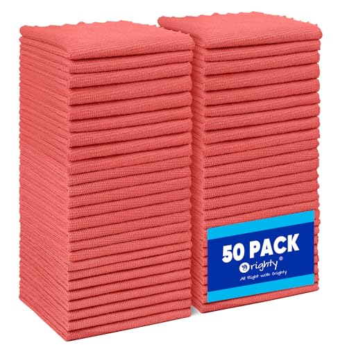 Orighty Microfiber Cleaning Cloth Bulk Shop Towels Shop Rags 50 Pack Reusable Microfiber Cleaning Rags for Cars Multi-Purpose Lint Free Towels for Home & Kitchen 12x12 Inch Red