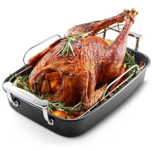 Image of HONGBAKE Roasting Pan with Rack, 17.6x11 Inch Nonstick Roaster Pan for 17 lb Turkey, Chicken and Lasagna, Deep Turkey Pan for Oven, Heavy Duty Oven Roaster Tray, Wider Handles, Gray