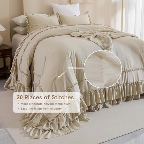 Image of QSH Wheat Oversized California King Bed Comforter Set 128x120, Farmhouse Shabby Vintage Bedding Comforter with Ruffles French Country Comforter Soft Microfiber Fluffy Bedding 3 PCs