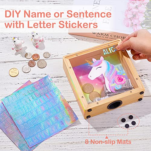 Image of ICOSY Piggy Bank for Kids, Wooden Framed Coin Bank | Personalized Money Box for Kids with DIY Name Alphabet Stickers and Clear Acrylic Window for Money Saving