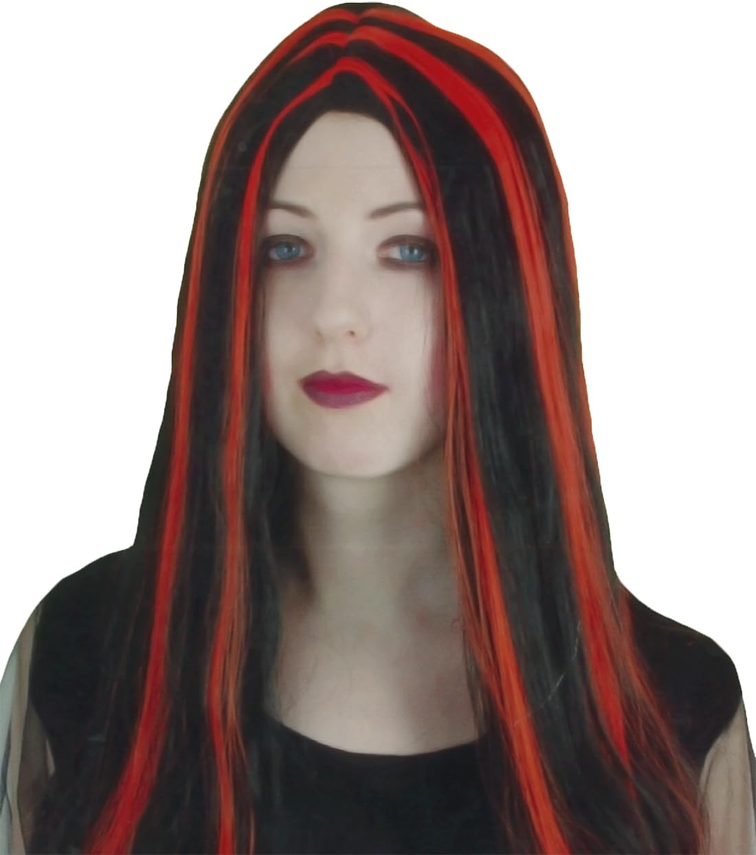 Women's Long Black and Red Wig Red Devil Wigs with Horns for Women, Ladies Gothic Witch Hair Piece