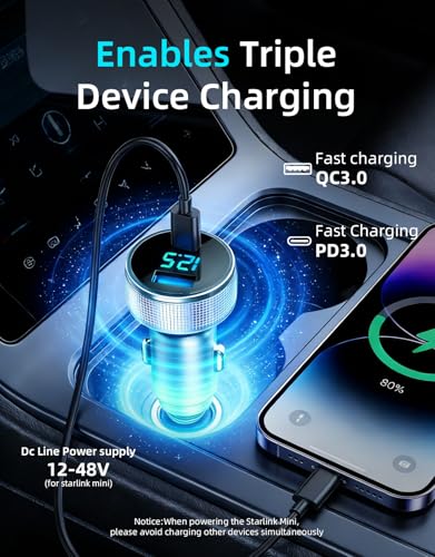 Image of Starlink Mini Cable, 3 in 1 Starlink Mini Car Adapter DC Power Cable and Cigarette Lighter Adapter 12V-48V with Voltage Display, Durable USB-C PD 45W and USB-A 35W Ports,Suitable for Cars(16.4FT)