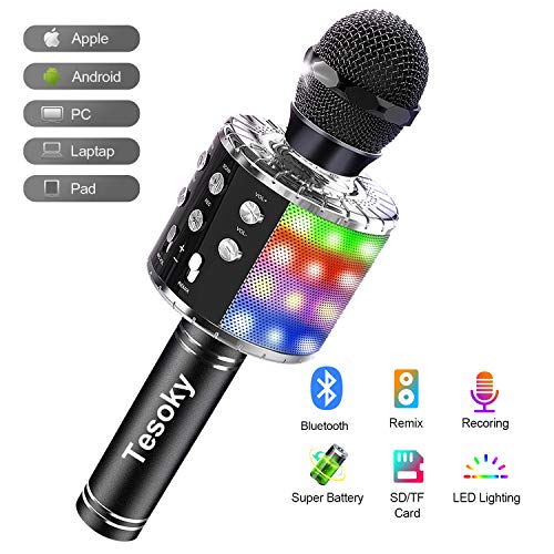 Karaoke Machine Microphone with Controllable LED Lights, Tesoky 4 in 1 Wireless Bluetooth
