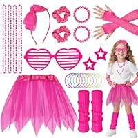 1980s Costume Accessories Set for Girls 80s Fancy Dress Neon Outfits with Tutu Skirt Fishnet Gloves Leg Warmers Bow Headband Hairbands Earrings Necklace Bracelets Glasses for Kids 80s 90s Themed Party