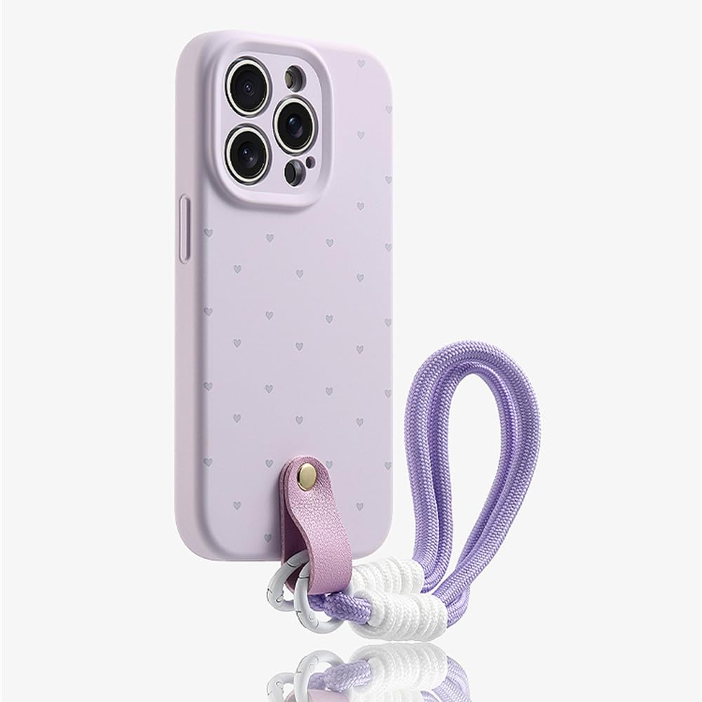 Coque pour iPhone 15 Pro antichoc écran couleur cœur avec dragonne