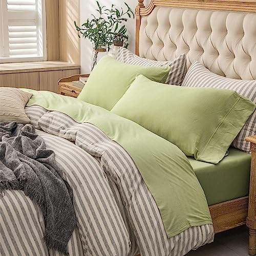 PURE ERA Jersey Knit 4pc Bed Sheet Set 100% T-Shirt Cotton Super Soft Comfy Breathable Fits Mattress Up to 20" Extra Deep Pocket (Solid Mocha Green, Queen)
