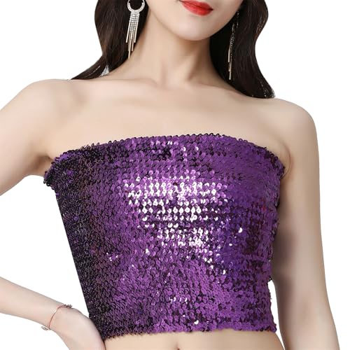 jerbro Top da donna con tubetto glitterato con paillette, top senza spalline, costume da rave da donna, top da notte, discoteca, carnevale, feste, Lilla, Taglia unica