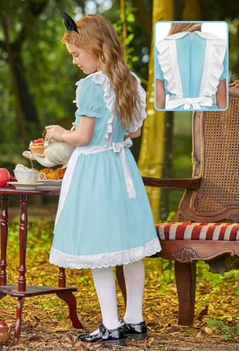 BesserBay Halloween Girls Puff Sleeve Tie Waist Peter Pan Collar Blue Dress with Headband Stockings 4-14 Years4