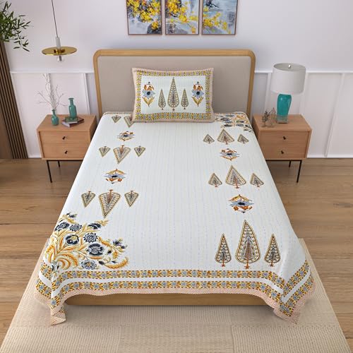 Image of 100% Cotton Single Bedsheet with 1 Pillow Cover | 240 TC Pure Cotton Flat Bed Sheet | Traditional Jaipuri Printed Bedding Set | Soft & Breathable | 60 x 90 Inch (Rangmahal Single 49)