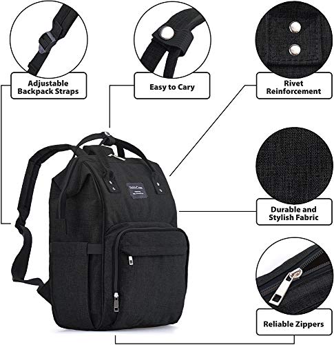 Diaper Bag Backpack, KiddyCare Multi-Function Baby Bag, Maternity Nappy Bags for Travel, Large Capacity, Waterproof, Durable & Stylish for Woman and Men, Black