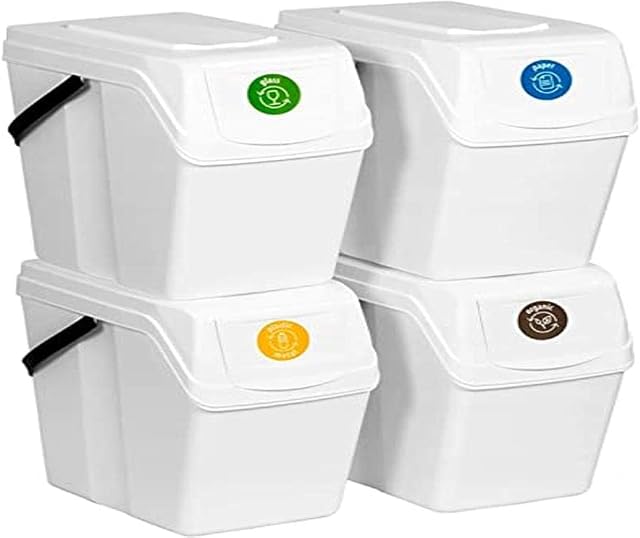 Prosperplast Set of 4 Recycling Bins, 100 L, Plastic Sortibox in White, 4 x 25 L