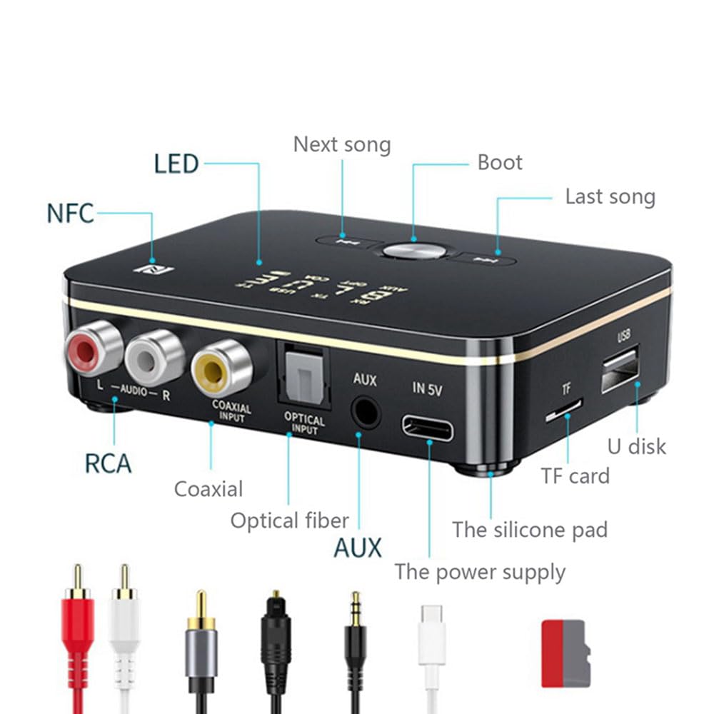 Récepteur et transmetteur Audio M8 Bluetooth 5.0 RCA APTXLL, Adaptateur sans Fil de Musique AUX 3.5mm avec Micro NFC pour Haut-parleurs de télévision de Voiture