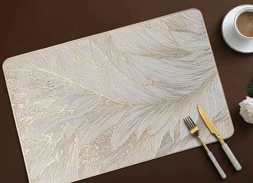 Image of Yellow Weaves 1 Pc PVC Table Placemats, Dining Table Mat, Stain Resistant, Anti-Skid, Waterproof, Washable, Dining, Kitchen, Restaurant Table Set Easy to Clean, Durable (Feather Golden)