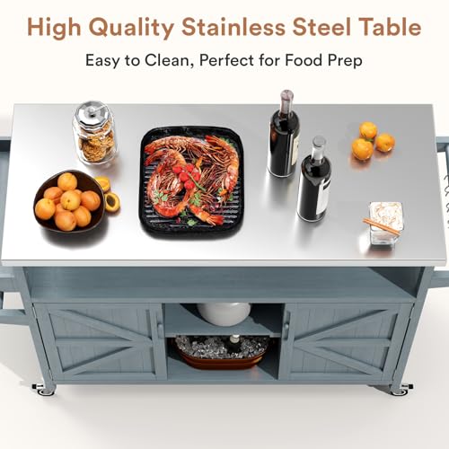 Outdoor-Grill-Cart-Stainless-Steel-Tabletop-Outdoor-Kitchen-Island-Solid-Wood-Outdoor-Buffet-Cabinet-with-Lockable-Wheels-for-Grilling-Gray-Blue Outdoor Grill Cart Stainless Steel Tabletop Outdoor Kitchen Island Solid Wood Outdoor Buffet Cabinet with Lockable Wheels for Grilling Gray Blue